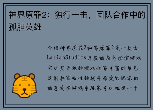 神界原罪2:独行一击,团队合作中的孤胆英雄
